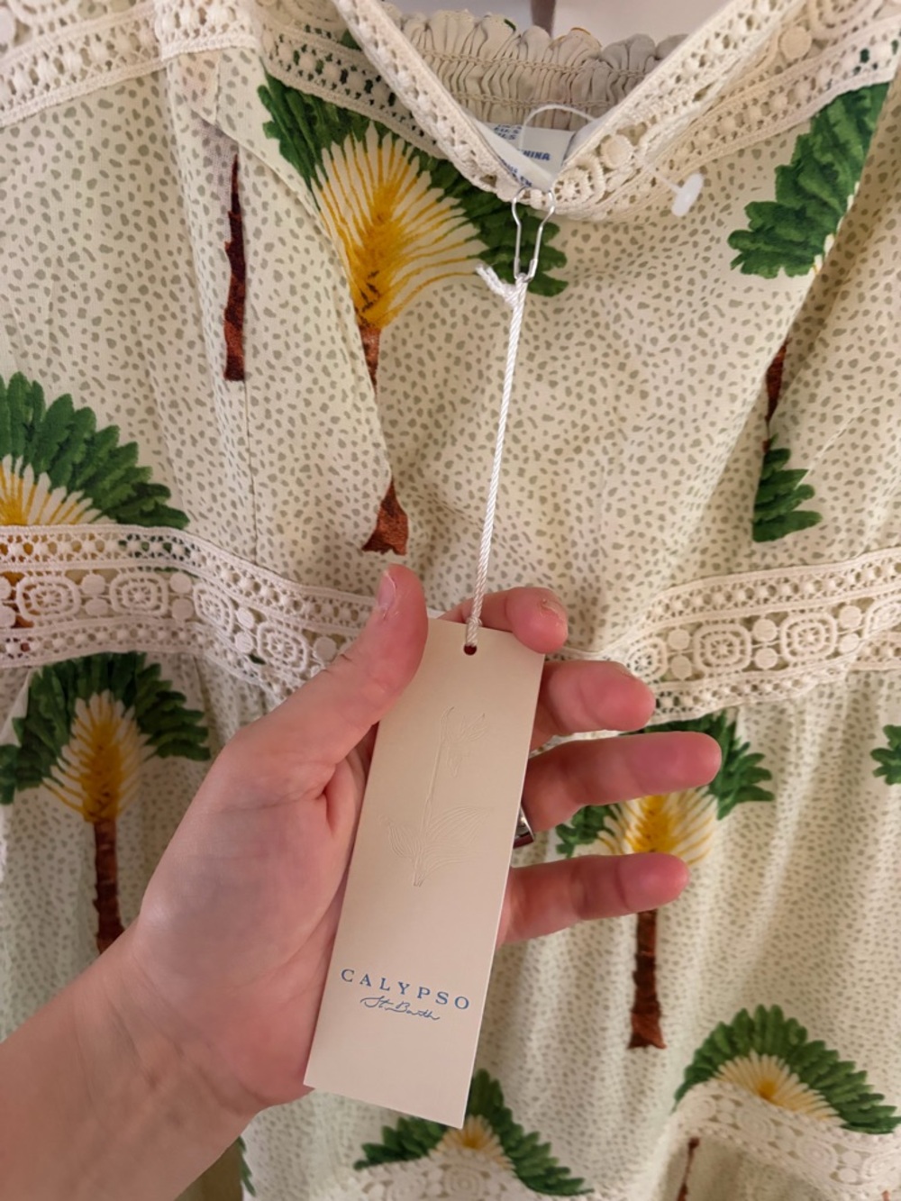 NWT Calypso St Barth Tiered Maxi Dress sz S Palm Tree Print Crochet Trim Cotton - Picture 4 of 4